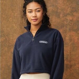 Adidas Women's Retro Navy Quarter-Zip Fleece Cropped Sweater